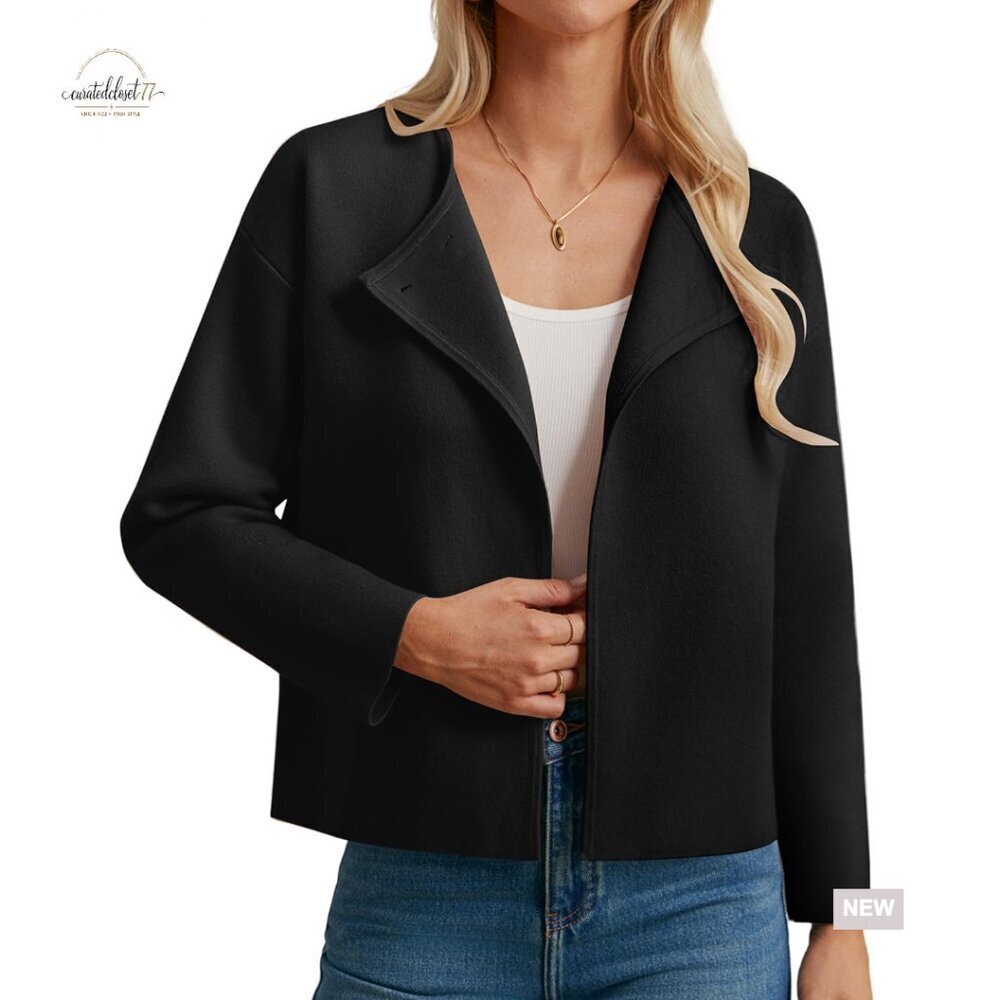 Cropped Knit Sweater Blazer, Oversized Open Front Jacket, Lapel Cardigan